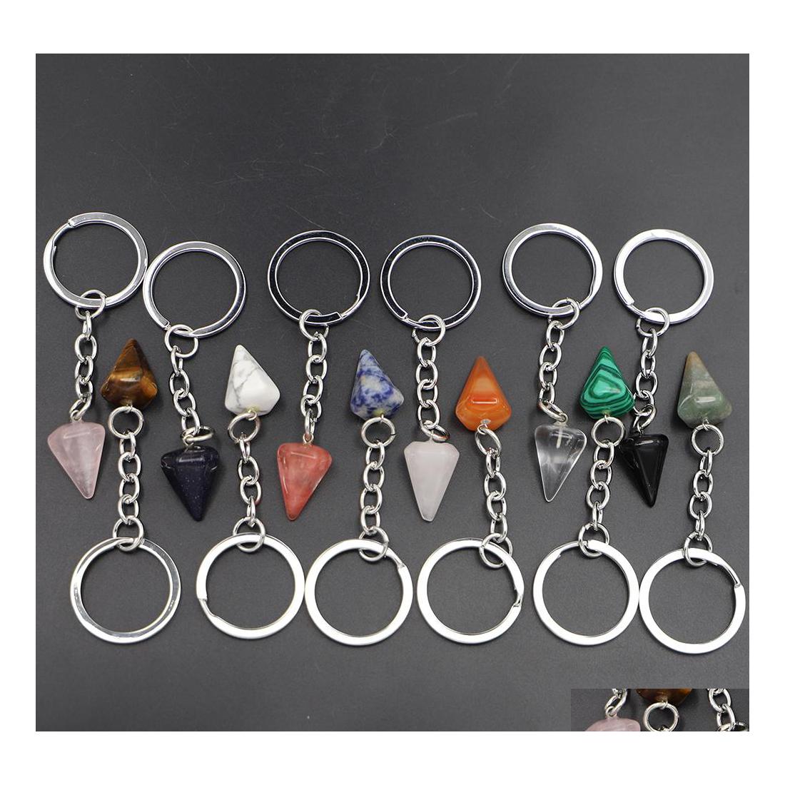 

Key Rings Natural Stone Polygonal Cone Column Keychain Women Crystal Pink Quartz Keyring On Bag Car Jewelry Party Friends Gift Drop D Dhvg4