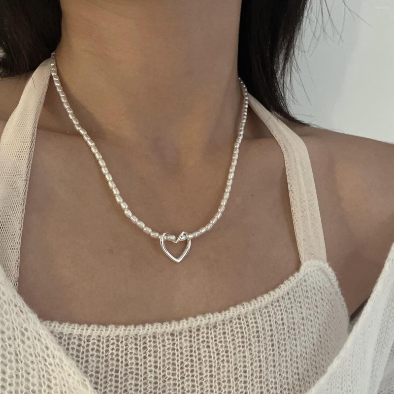 

Choker 2023 Sweet Girl Handmade Simulated Pearl Beads Silver Color Hollow Heart Pendant Necklace Jewelry