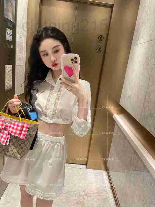 

Two Piece Dress Designer 23 spring and summer new gentle style letter embroidery lace patchwork waist short versatile suit OMJR, White3