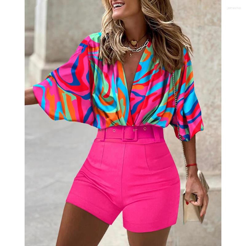

Women' Tracksuits Women Summer Abstract Print Batwing Sleeve Top & Shorts Set With Belt Fashion Femme Two Pieces Half Daily Suit, Hot pink