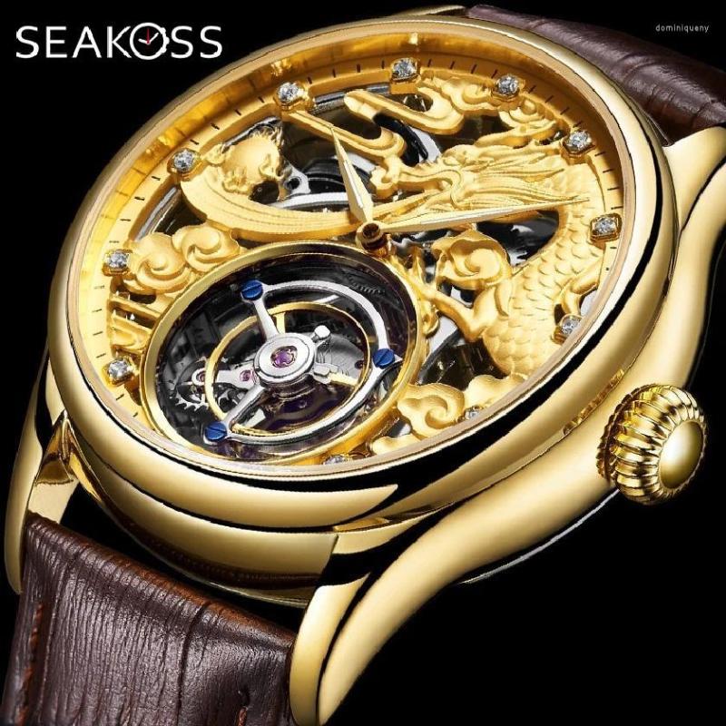 Wristwatches SEAKOSS Tourbilion Mechanical Watch For Man Stainless Steel Waterproof Wristwatch Gold Tiger Skeleton Dial Men Chronograph-image-842678465