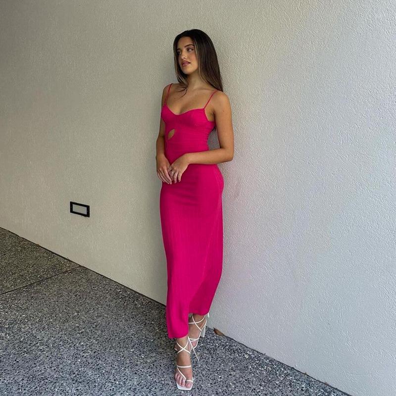 

Casual Dresses Hollow Out High Split Backless Suspender Long Dress Women' Sexy Solid Color Sleeveless V-neck Slim Party Club Vestidos, Black