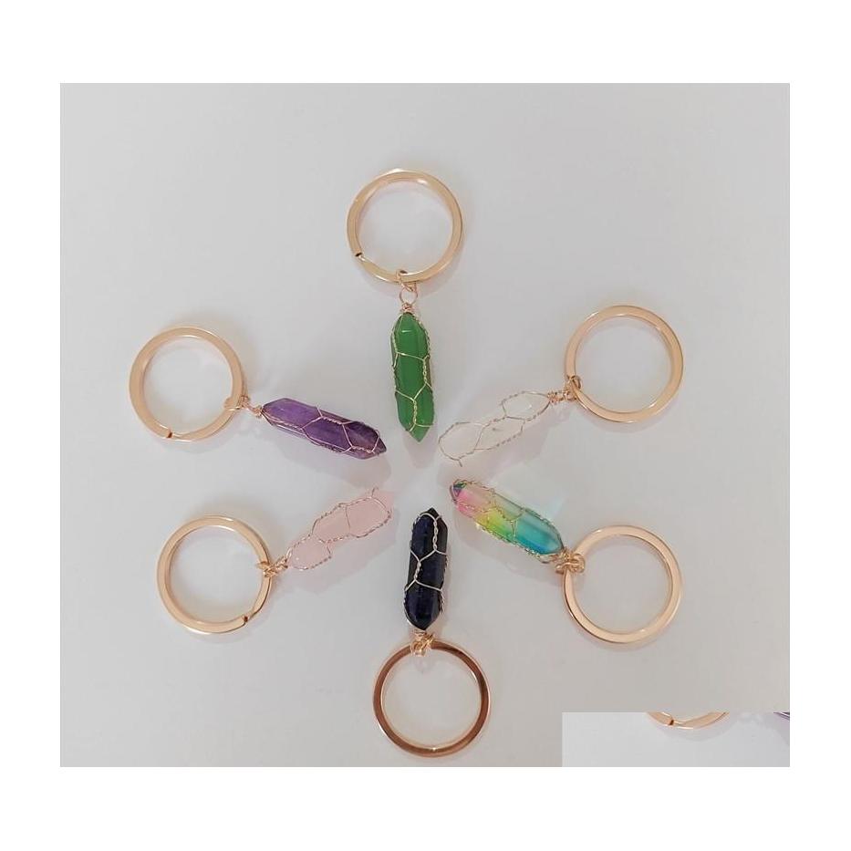 

Key Rings Natural Stone Keychains Hexagon Wire Wrap Sier Gold Color Healing Crystal Car Decor Keyrings Keyholder For Women Whole Dro Dhghg