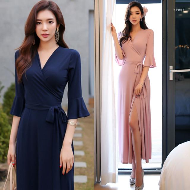 

Party Dresses 2023 Fashion Half Sleeve V Neck Maxi Modal Women Sexy Split Lady Slim Body Wrap, Blue