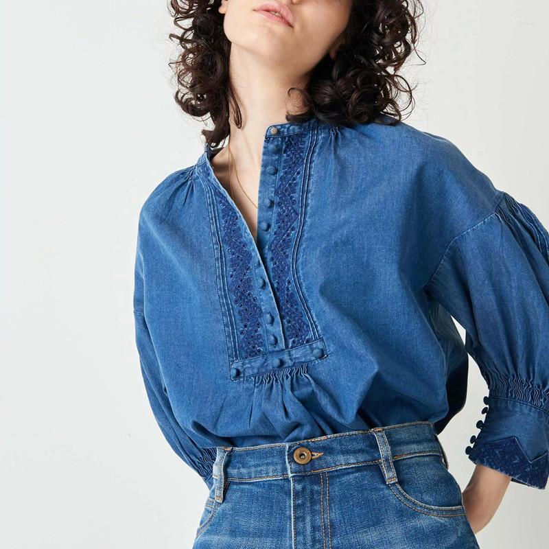 

Women' Blouses Women Front Buttons Blouse Crochet Stitching Ethnic Embroidery Cotton O-neck All-match Female Shirts 2023 Early Autumn, Shirt