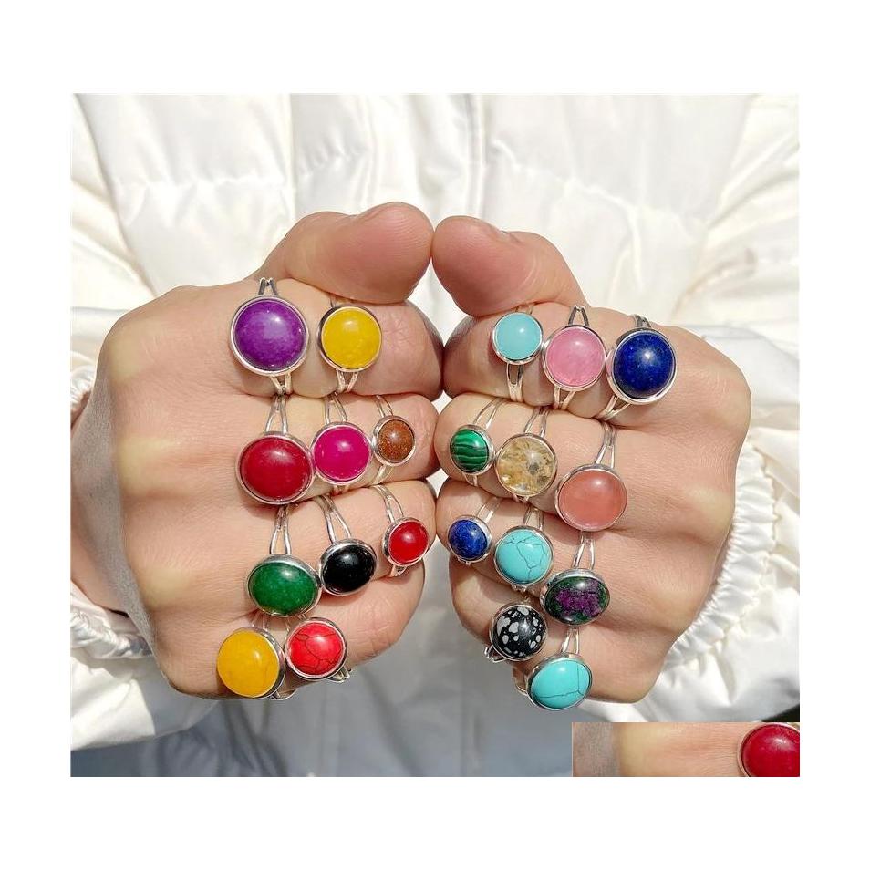

Solitaire Ring Fashion Stone Rings For Women Men Slivery Color Resizable Finger Colorf Jades 8 10 12Mm Cabochon Wedding Jewelry Drop Dhlc1