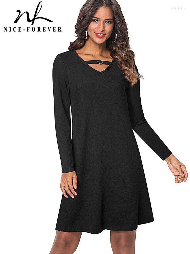 

Casual Dresses Nice-forever Autumn Women Chic Plain Black Loose Shift Day Dress 1btyT024