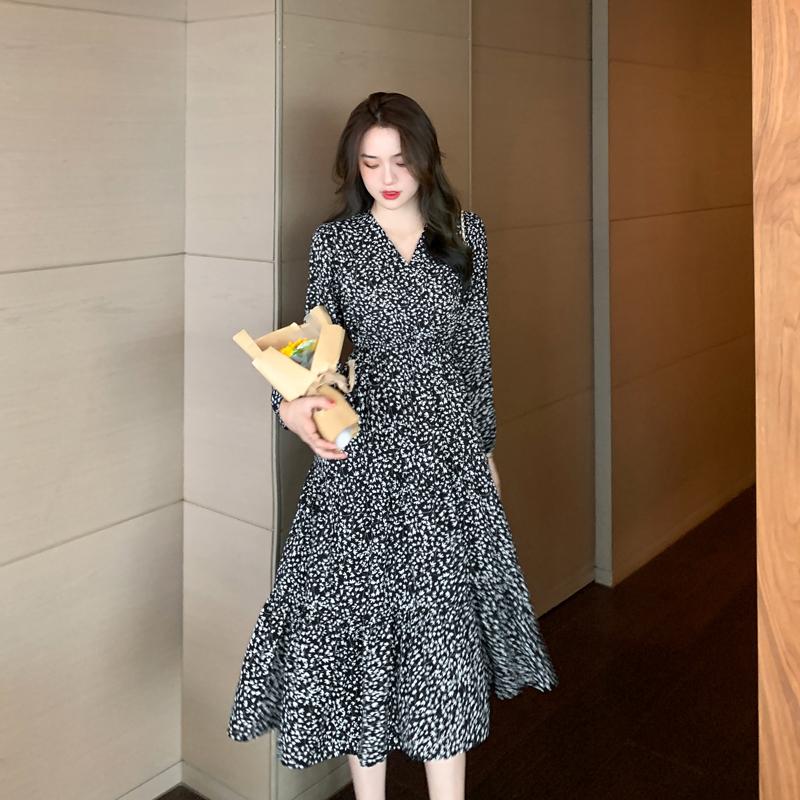 

Casual Dresses Elegant Print Maxi A Line Dress One Piece Korean Ladies Autumn Sexy Long Sleeve Cabaret Party Robe For Women, Black