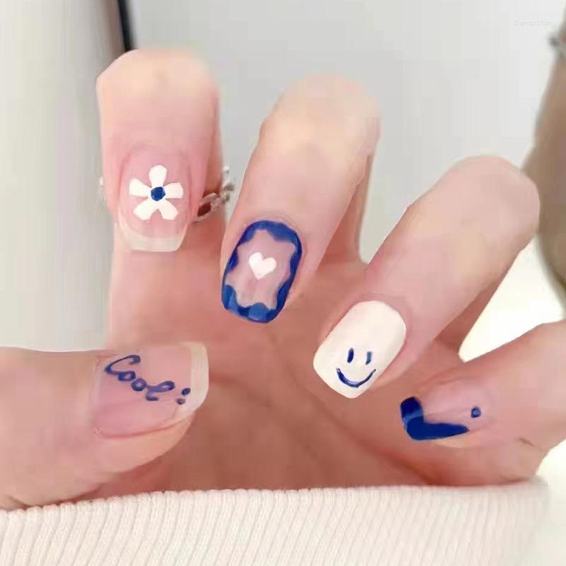 

False Nails Simple Fresh Short Square Fake Blue Heart Butterfly Wearable Nail Patch Press On Full Cover Tips, Zzh390