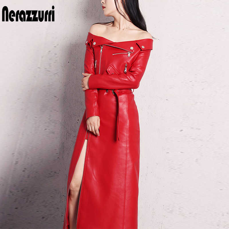 

Casual Dresses Nerazzurri spring autumn maxi dresses for women slash neck Red black pu leather dress women long sleeve runway Elegant dress Z0216