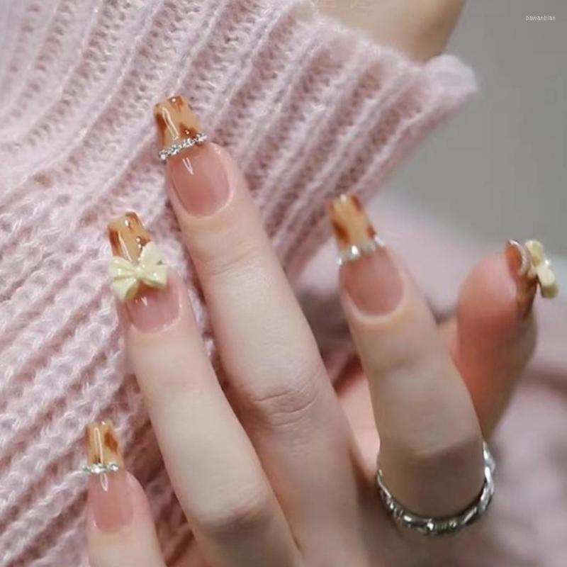 

False Nails Ultra-thin Artificial Harmless Reusable Fadeless Mid Length Sweet Manicure Supplies, Brown