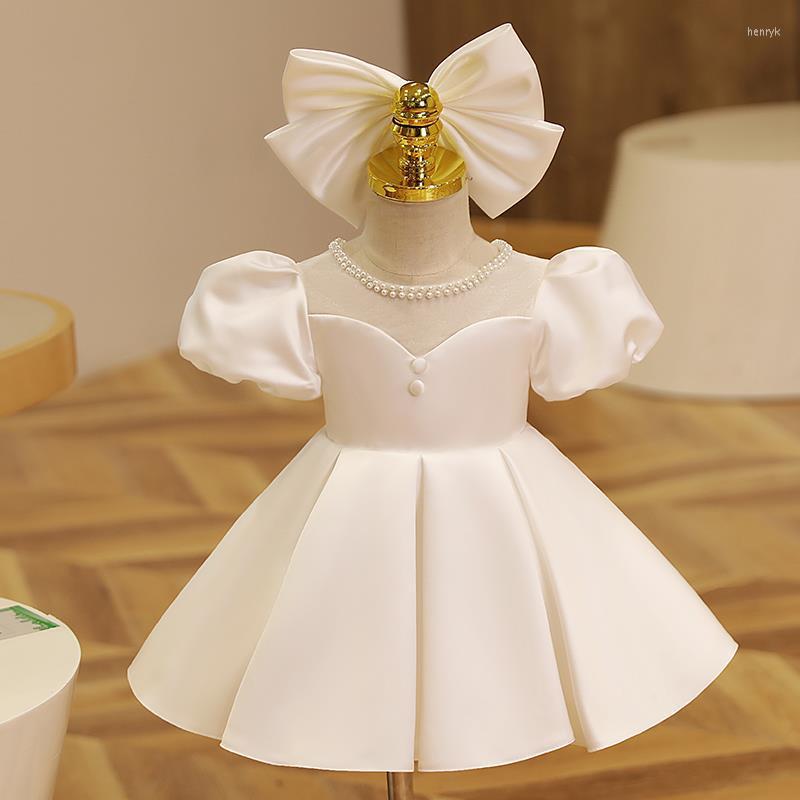

Girl Dresses Baby White Baptism Christening Dress Infant Beads Big Bow Puff Sleeve Ball Gown Born Birhday Party Cake Costume