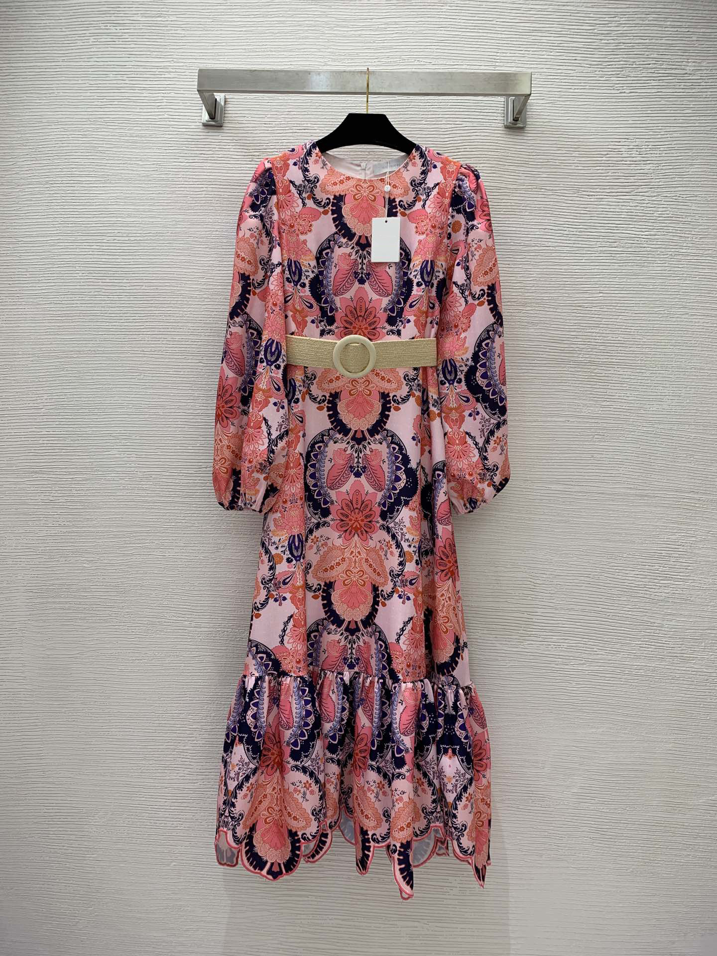 2023 Spring Multicolor Paisley Print Waist Belted Dress Lantern Sleeve Round Neck Panelled Midi Casual Dresses Brand Same Style Designer ZW3J0257