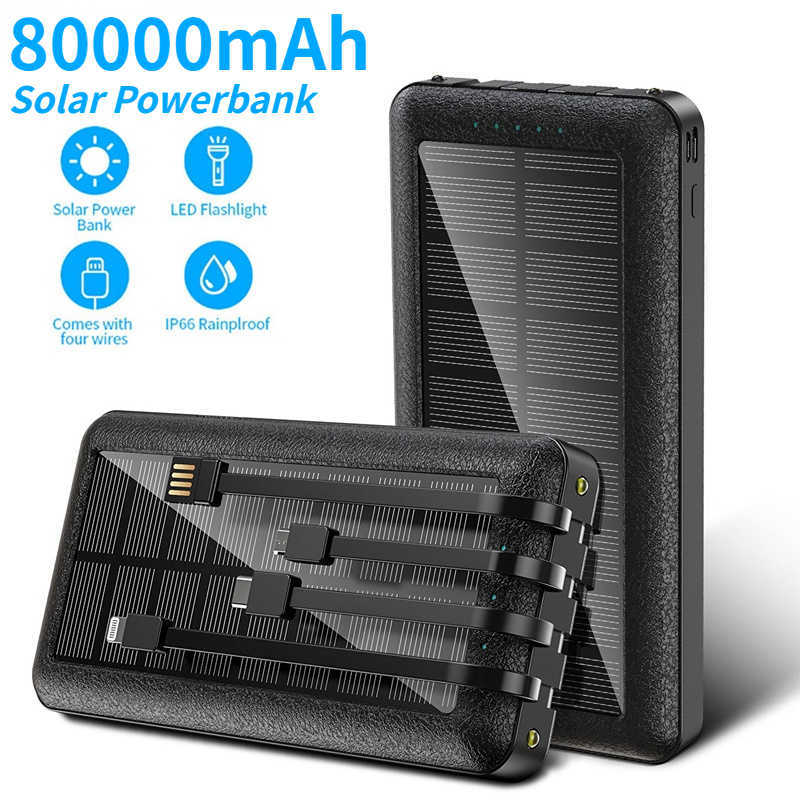 

Cell Phone Power Banks 80000mah Solar Charger Portable Power Bank with Charging Line Fast Charging External Battery Poverbank for Iphone J230217