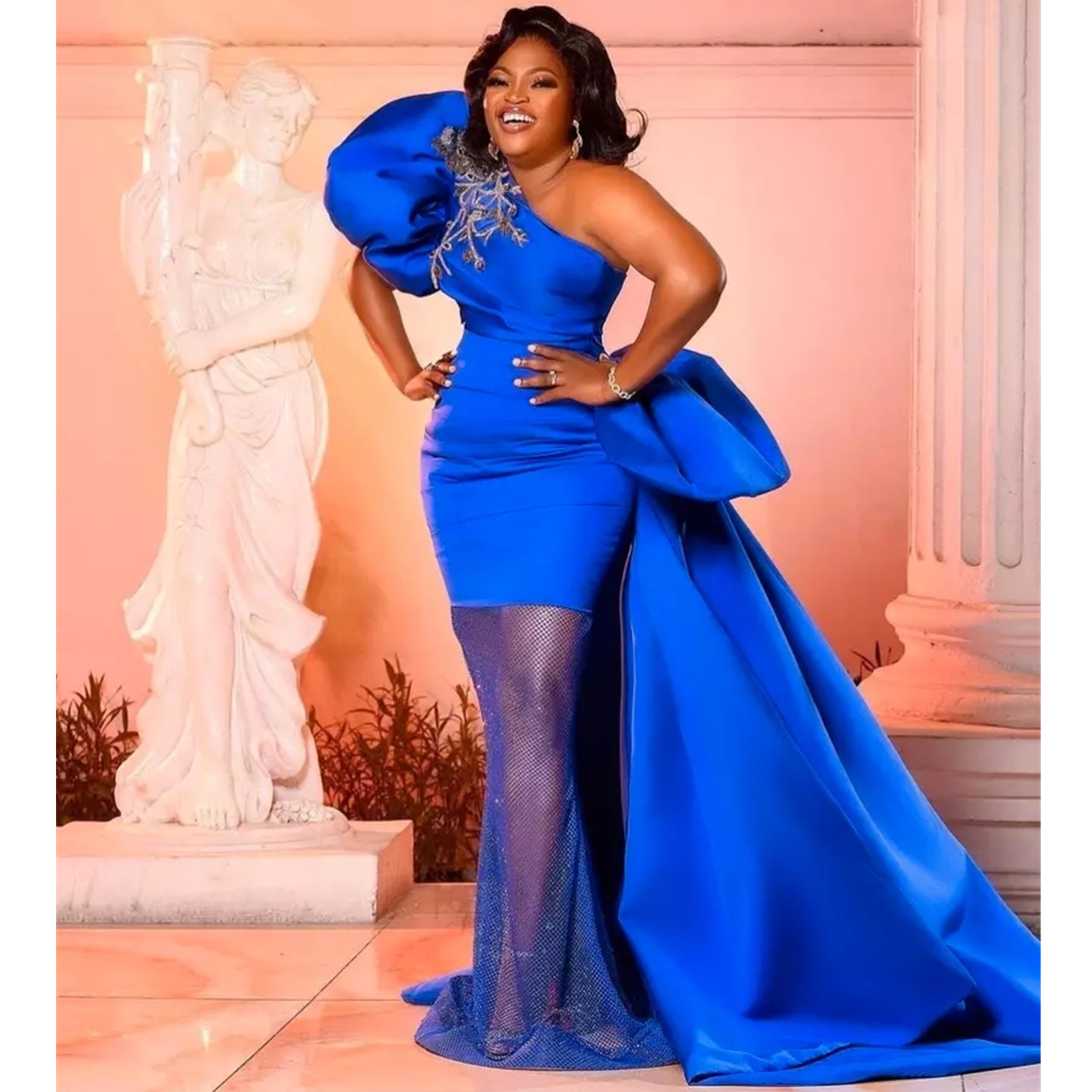 

One Shoulder Royal Blue Satin Prom Dresses With Datechable Juliet Sleeves Long Mermaid Lace Appliques Evening Dress Women Pageant Gowns, Purple