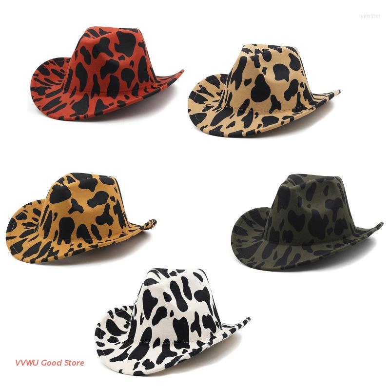 

Berets Casual Cow Pattern Print Cowboy Hat Wide Brim Top Party For Night, Khaki