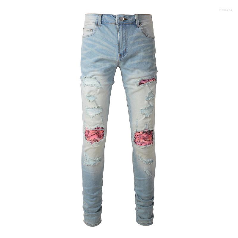 

Men's Jeans Men Paisley Bandanna Print Patch Streetwear Skinny Tapered Stretch Denim Pants Light Blue Holes Ripped Long Trousers