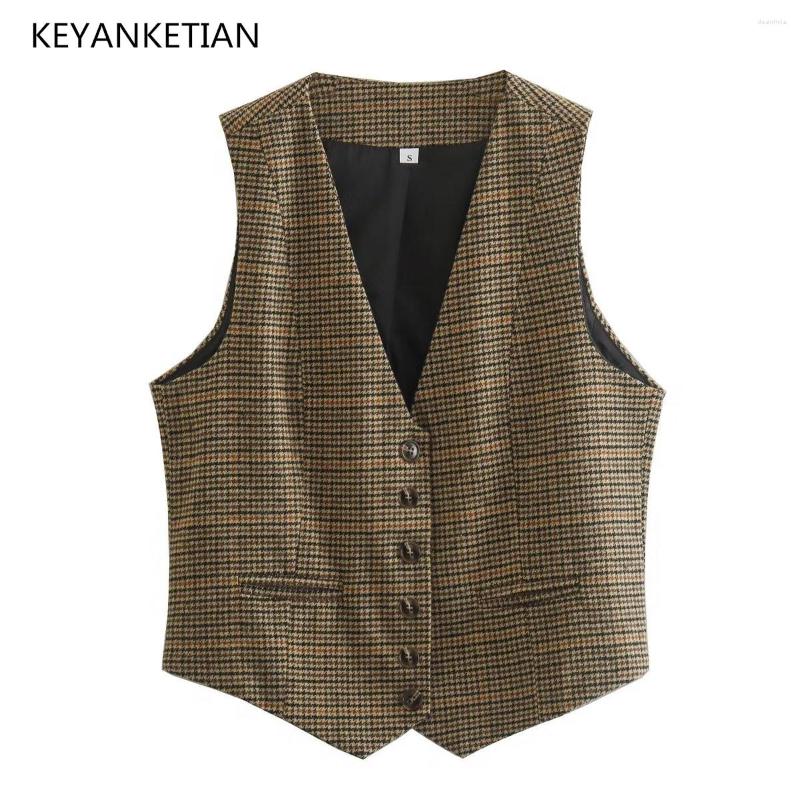 

Women' Suits KEYANKETIAN Spring Clothes Women' Retro Style V-neck Single Breasted Short Thousand Bird Plaid Suit Vest Wool Coat, Multi