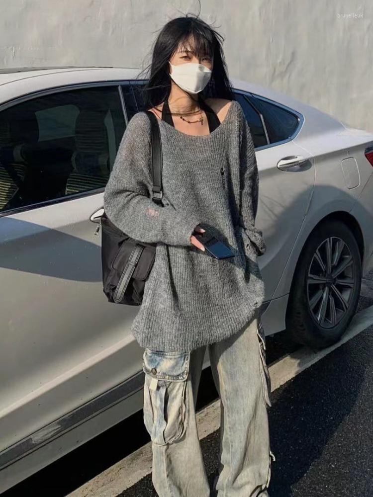 

Women' Sweaters 2023 Spring Fashionable Round Neck Grey Knitted Women Sweater Hollow Casual Loose Female Pullover, Gray