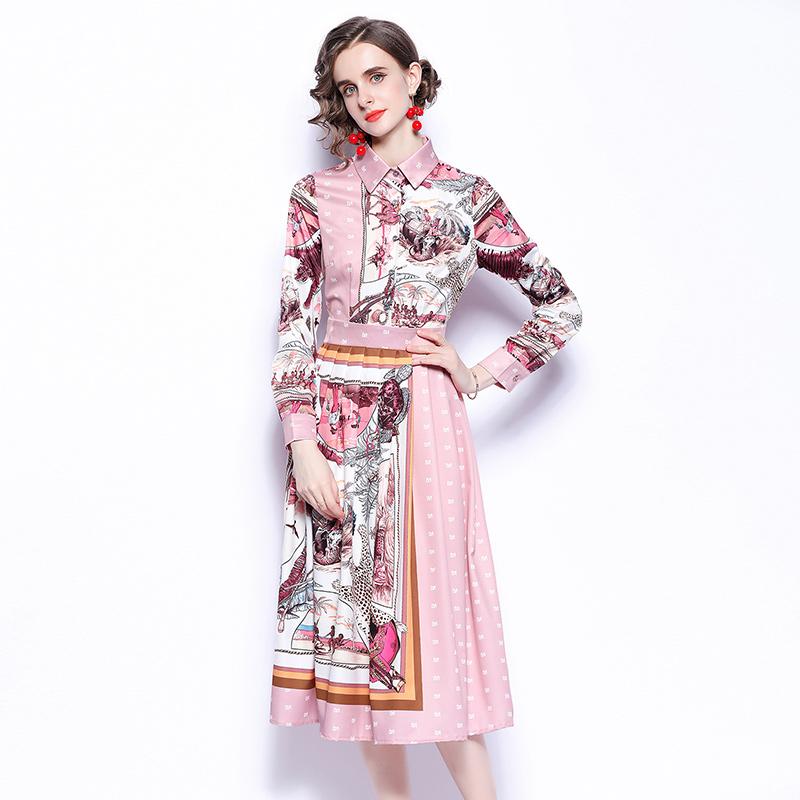 

Casual Dresses Menahem Vintage Summer Positioning Printed Pink Elegant Holiday Dress Women Short Sleeve Shirt Collar Pleated Midi Vestidos, Short sleeve dress