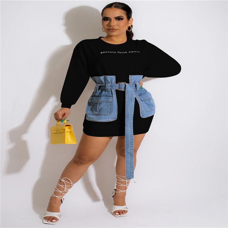 

Casual Dresses Women' Clothing Spring And Autumn Recommended Long Sleeve Round Neck Fashion Temperament Simple Denim Stitching DressCas, Black