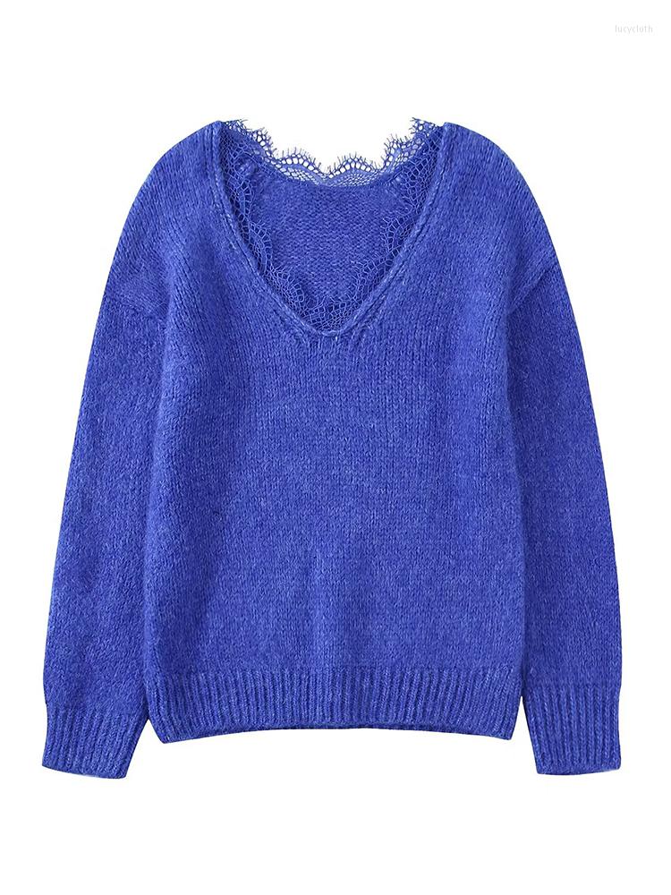 

Women's Sweaters YENKYE Fall Women Blue Lace Patchwork Knit Sweater Vintage V Neck Long Sleeve Female Pullovers Chic Tops