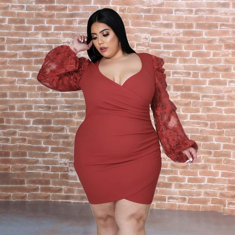 

Plus Size Dresses Mini Clothing Women Long Sleeve Dress Bodycon Lace Sleeves Sexy Party Vintage Drop Wholesale, Black
