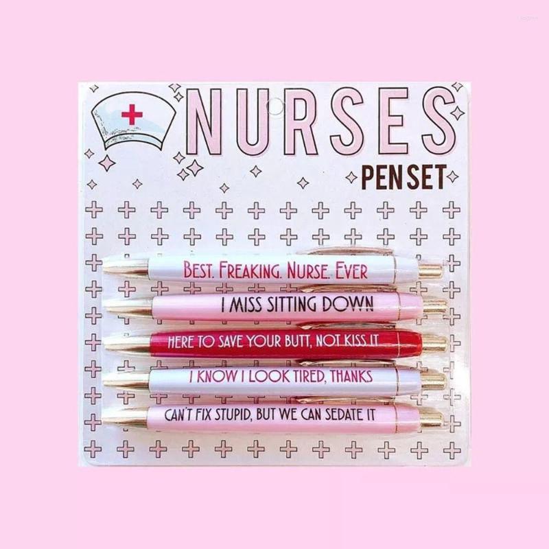 

5Pcs Students For Nurses Doctors Nursing Pens Gift Fun Black Ink Ballpoint Pen Funny Set, White