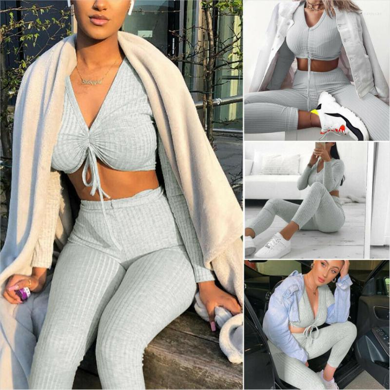 

Active Sets Women Knit Crop Top Lounge Wear Suit Long Sleeve V-neck Shirt Trousers Ladies 2pcs Slim Tracksuit Set Casual