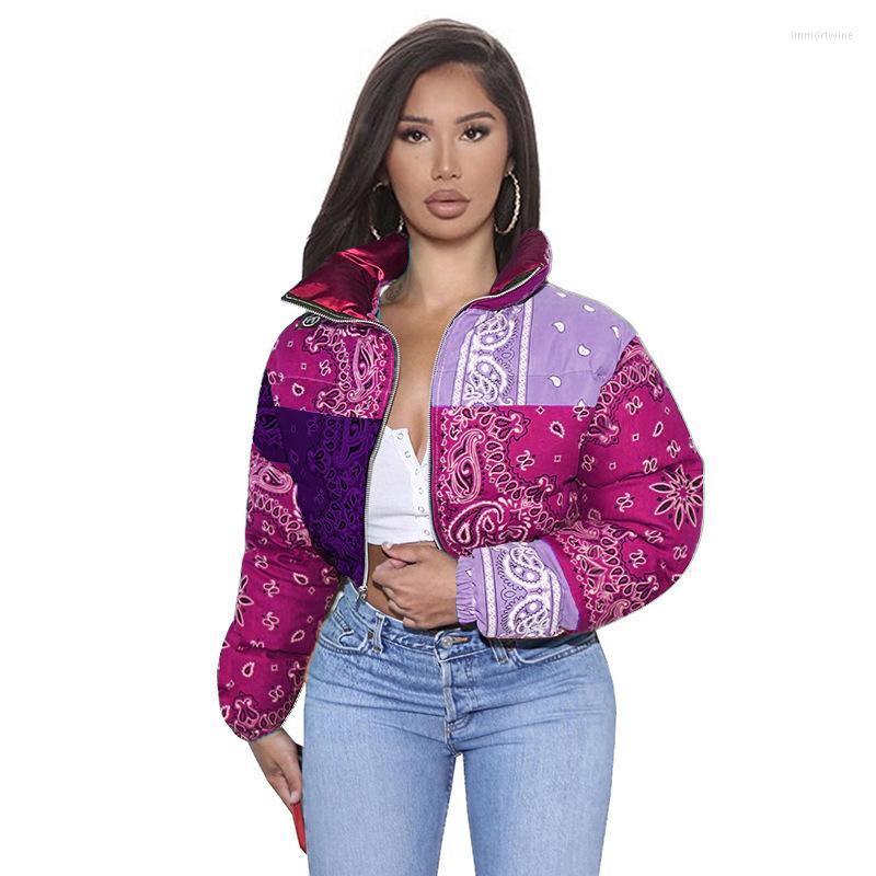 

Women' Trench Coats 2023 Winter Bandana Print Parkas Short Padded Coat Stand Collar Warm Thick Zipper Jacket Outwear Fashion Bubble, Orange coat