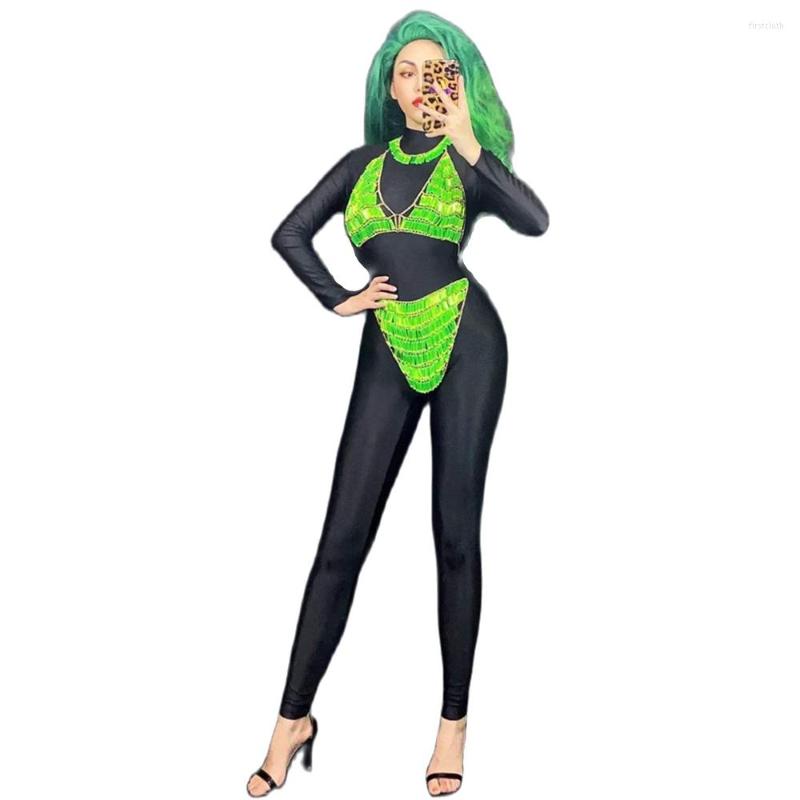 

Stage Wear Black Chain Shining Green Crystal Fluorescent Sexy Women Leotard Jumpsuits Pole Dance Costume Nightclub Party Clothing