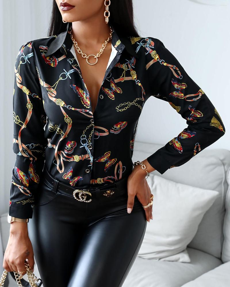 

Women' Blouses 2023 Spring Summer Women Butterfly Scarf Print Shirt Button Design Colorblock Buttoned Top Turn-down Collar Femme Chic, Black