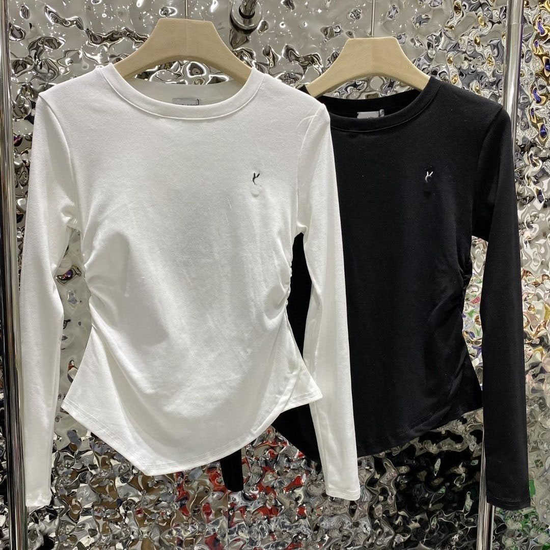 

23ss Women' Brand logo letter-printed Pure cotton long-sleeved bottom shirt half-high collar Temperament Spring and autumn long-sleeved T-shirt top, White