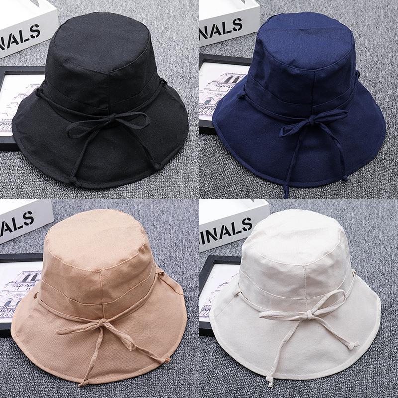 

Wide Brim Hats Solid Color String Cotton Visor Hat Ladies Summer Folding Bucket Cap Fisherman Outdoor Sun Protection Basin C20, Khaki