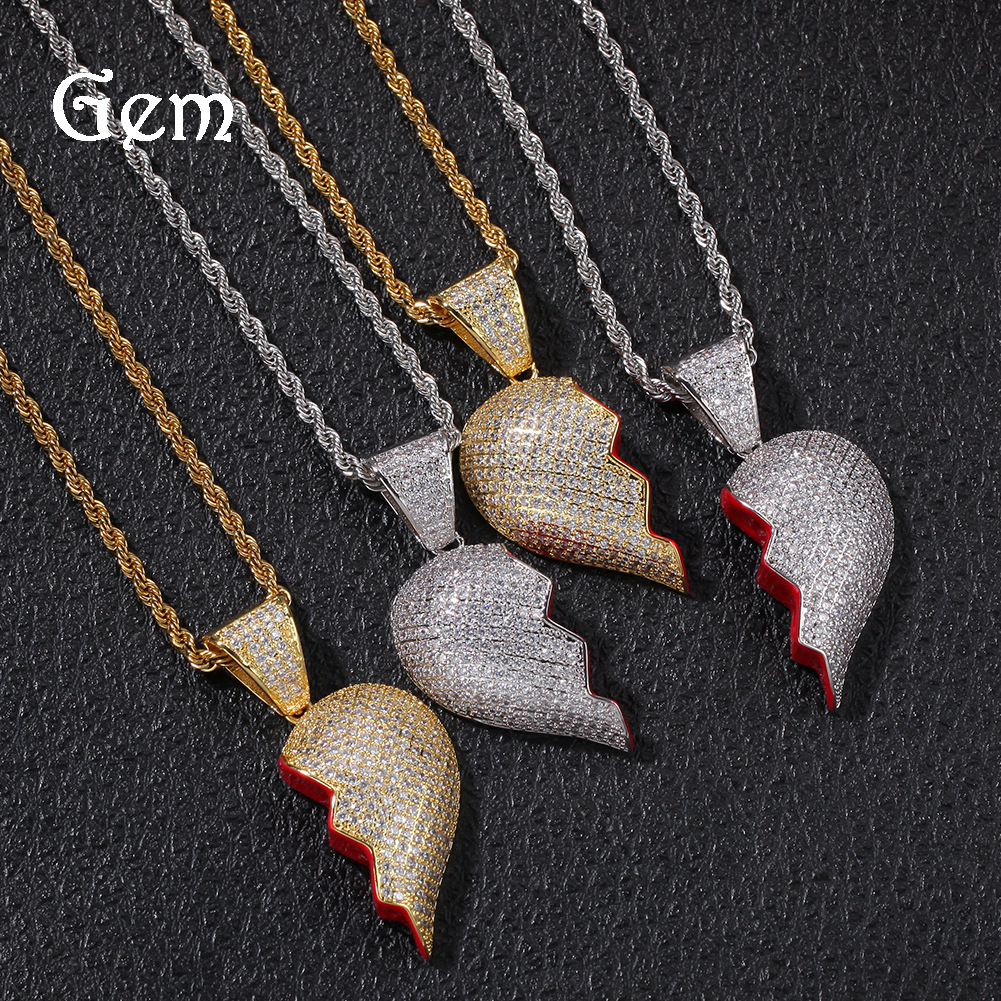 Pendant Necklaces 2 Halves Heartbreak Combination Copper Inset Zircon Broken Heart Magnetic Suction Couple Necklace-image-843816992