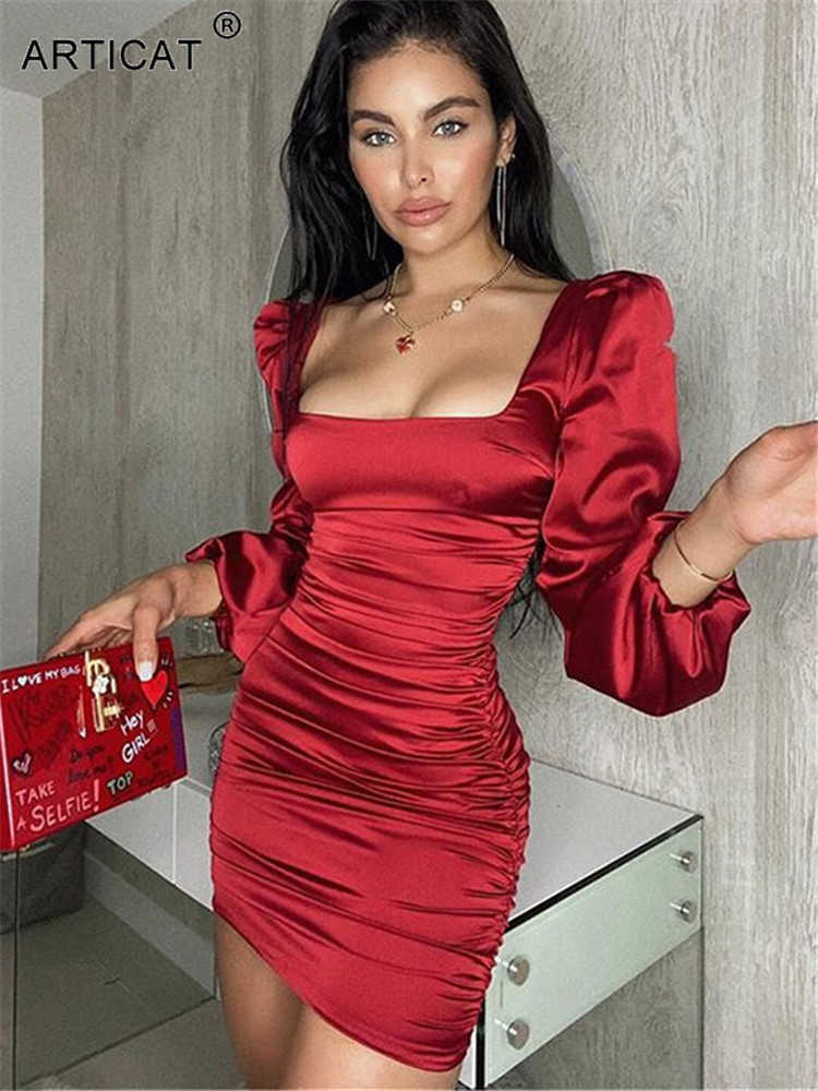 

Casual Dresses Articat New Satin Puff-Sleeve Ruched Dress For Women Solid Square Collar Sexy Dresses Ladies Streetwear Backless Zip Vestidos L230217, Blue