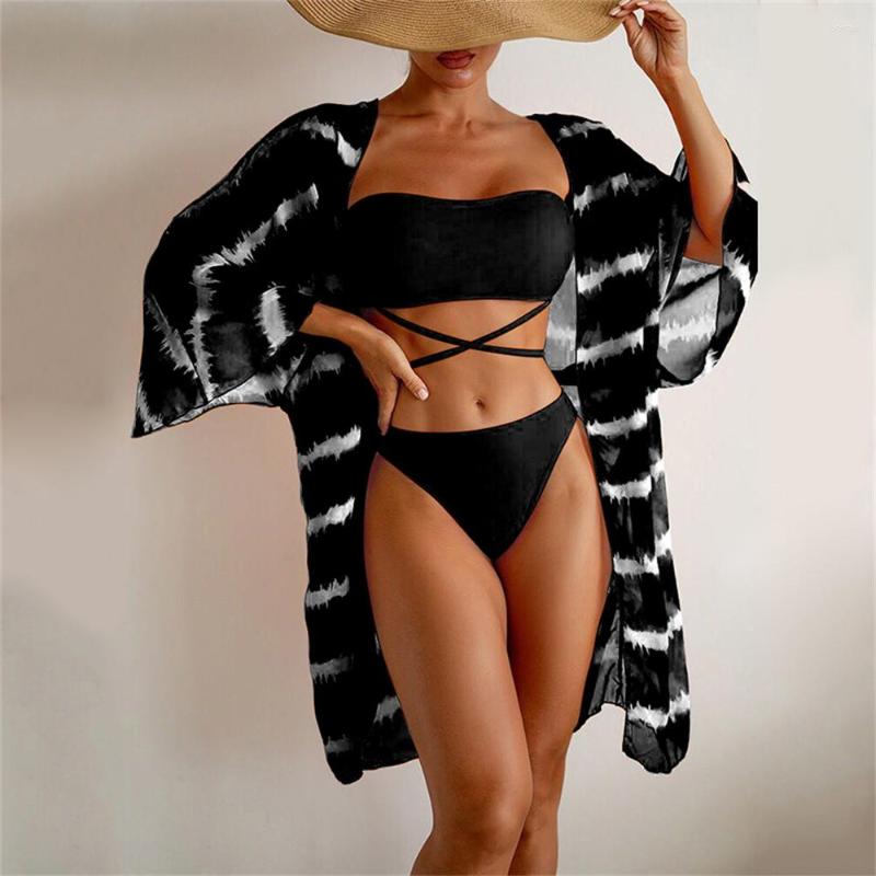 

Women' Swimwear Three Pieces Bikinis Cover Up Women 2023 Striped Print Swimsuit Feminino Brazilian With Kimono Beach Bathing Suit, Orange