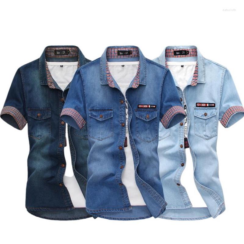 

Men's Casual Shirts Men Cowboy British Flag Shirt Men's Short-Sleeved Denim Washed Teenage Student Size M-3XL, Blue