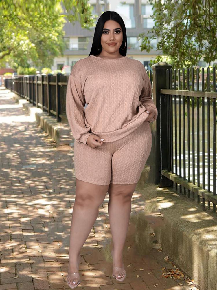 

Tracksuits Womens Knitted Suit Plus Size 2 Piece Set Women Cut Out Top Long Sleeve And Shorts Casual Outfit Wholesale Drop, Blue