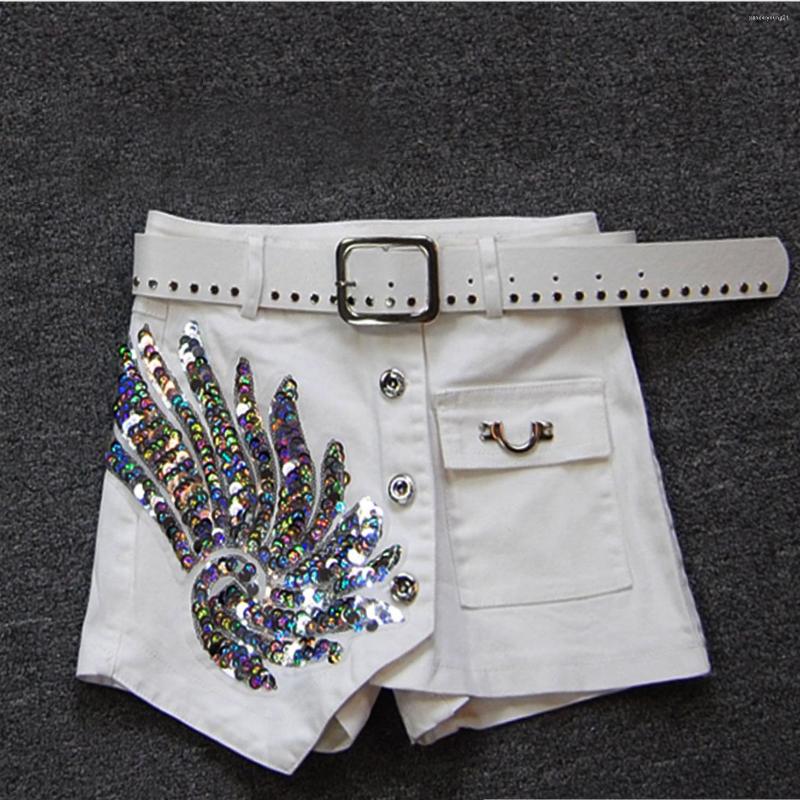 

Women' Jeans Spring And Summer Korean Fashion Women' Irregular White Denim Hip Skirt Shorts Glitter Sequins Multi-button Mini Culottes, White shorts