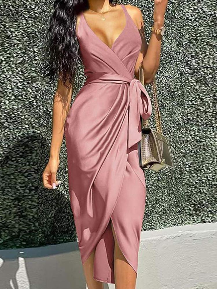 

Casual Dresses Office Elegant V Neck Strap Long Dress Women Sexy Sleeveless Irregular Party Fashion Tie-up Wrap Solid Satin Maxi, 01 green
