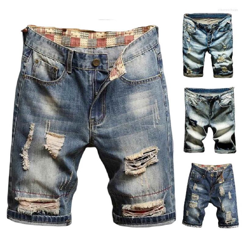 

Men's Shorts Men's With Lining Broken Knee Length Beggar Pants Embroidered Patch Stretch Jean Short, 0786 blue