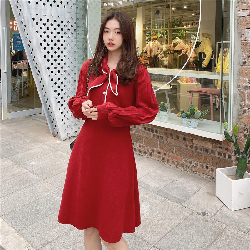 

Casual Dresses For Women Party Knitted Dress Autumn And Winter Lantern Sleeve Bow Tie Solid Color Knee-length Red Black Beige