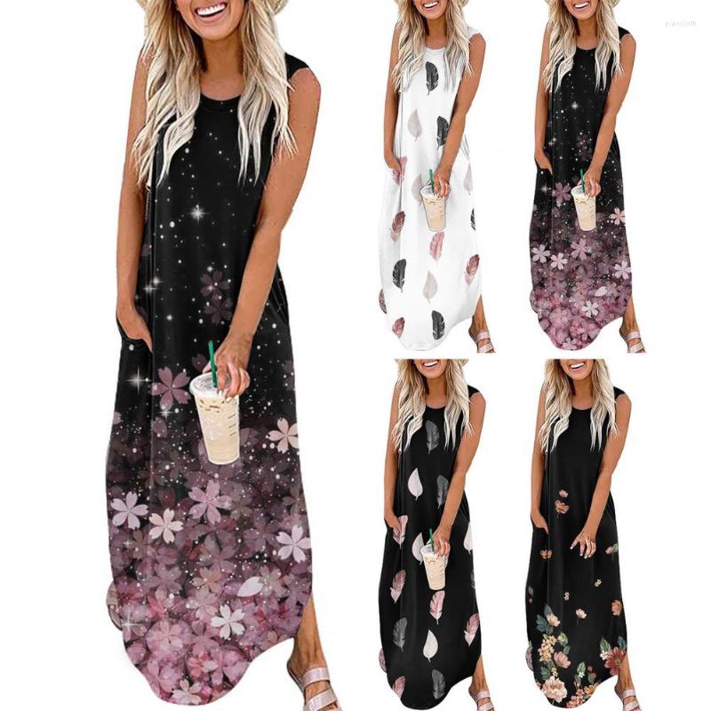 

Casual Dresses Elegant Dress O-neck Mid-Rise Big Hem Sleeveless Pocket Maxi Flower Print Vest Style Women Long Sundress, Black