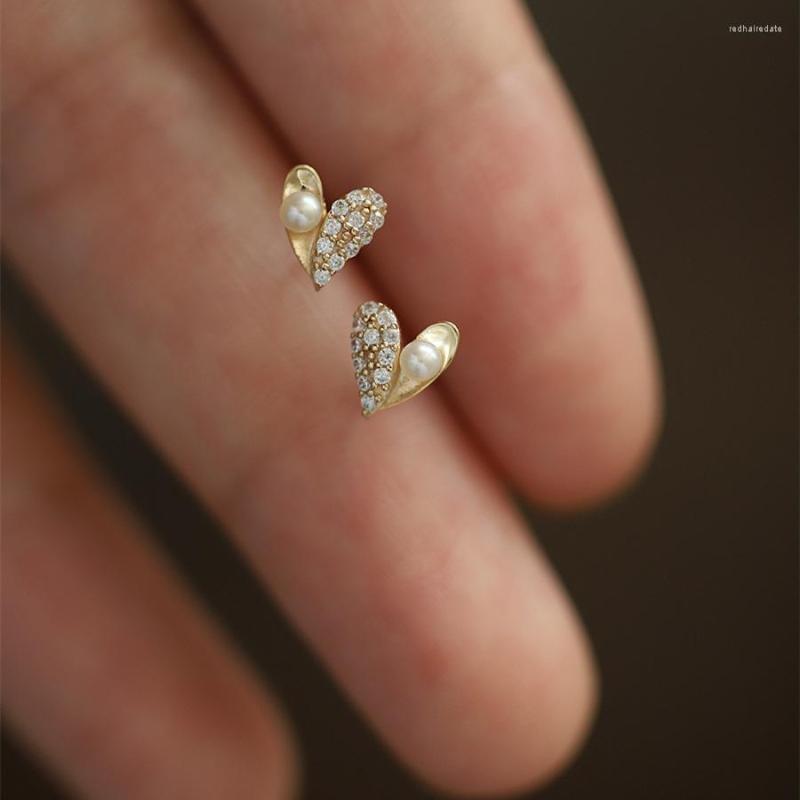 

Stud Earrings S925 Pure Silver Ear Nails Micro Set With Zircon Pearl Temperament Love Small Versatile Mini French Retro