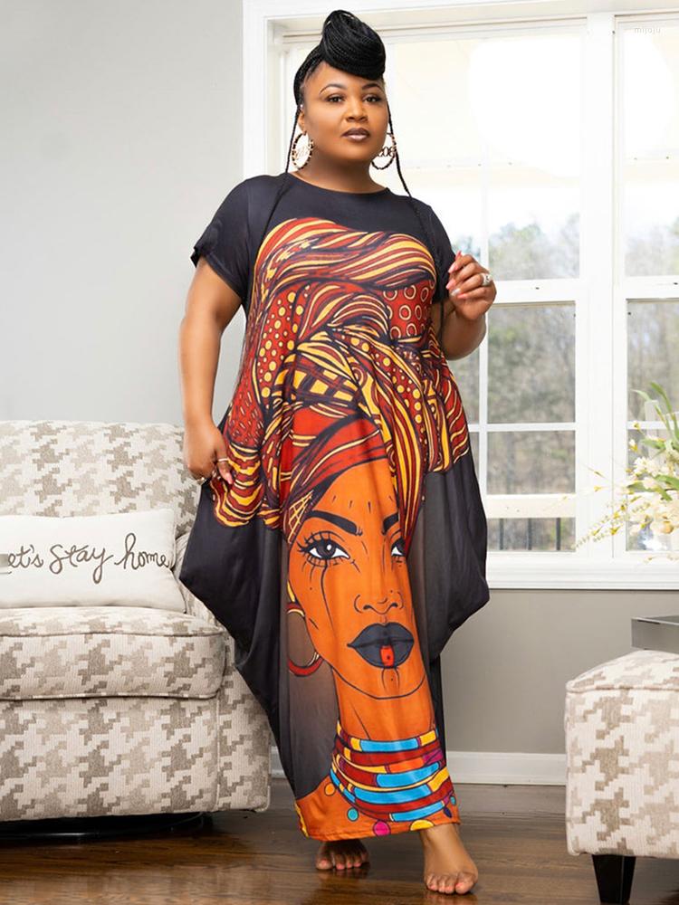 

Plus Size Dresses Summer Dress Short Sleeve Ladies Elegant For Women Loose Print Long Wholesale Bulk Drop, Black
