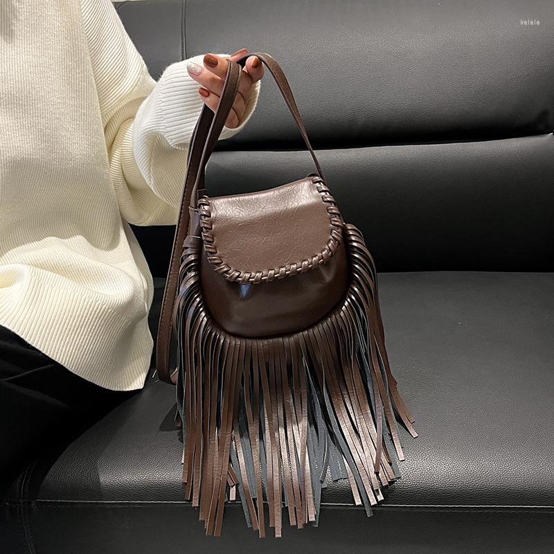 

Evening Bags 2023 Fashion Tassel For Women Leather Saddle Crossbody Shoulder Bag High Quality Small Messenger Packs, Beige