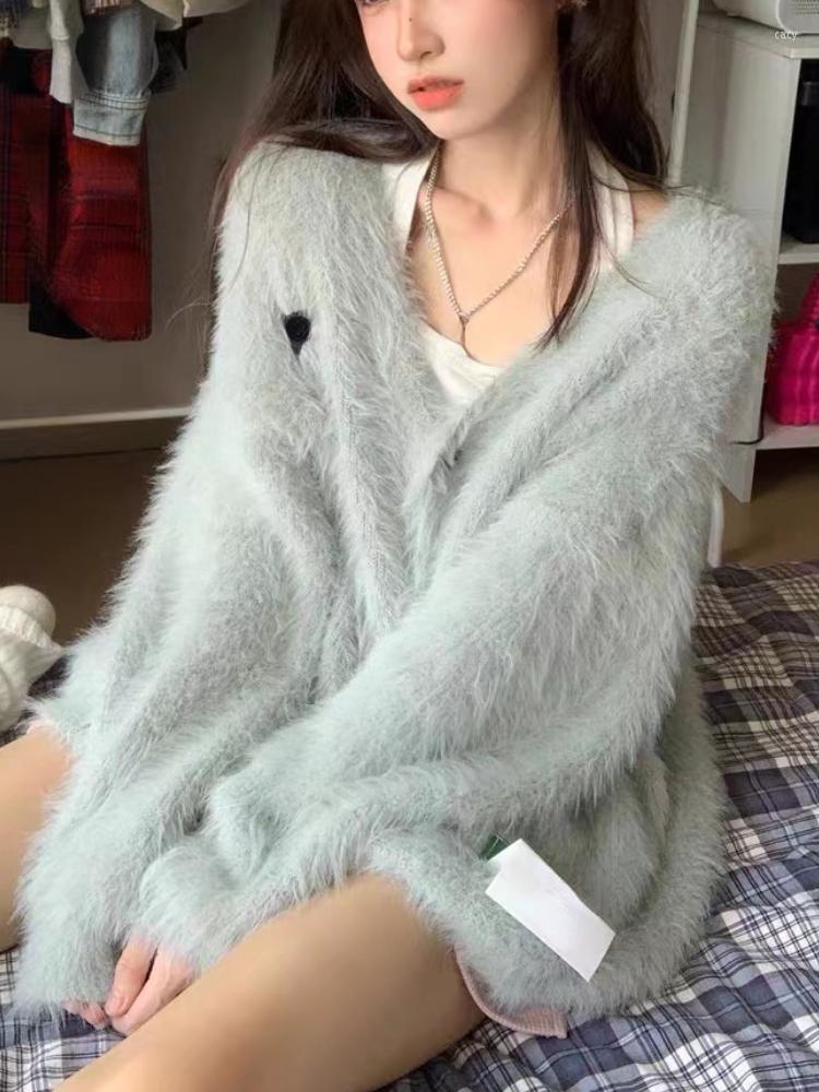 

Women' Jackets Casual Sweater Coats Women 2023 Autumn Long Sleeve Button Fur Jacket Cardigan Office Lady Korean Fashion Y2k Clothing Chic, Green and grey