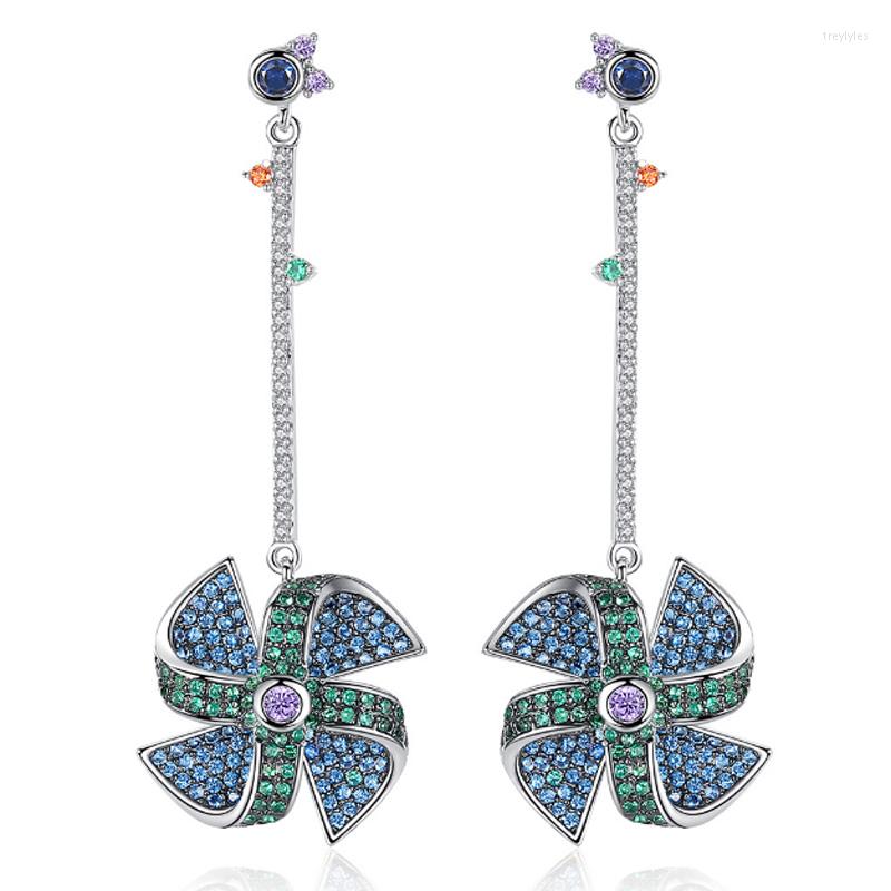 

Stud Earrings Zlxgirl Jewelry Korea Pave Zircon Long Earring Korean Style Colorful Windmill Shape Upscale Wedding Brincos