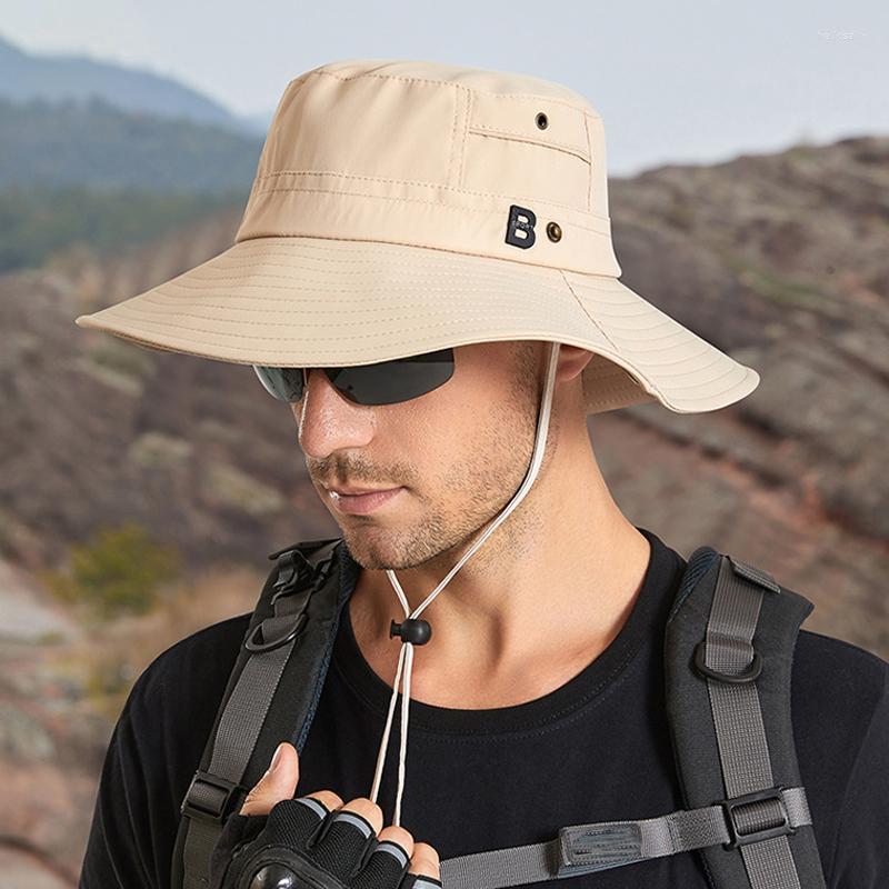 

Berets Summer Outdoor Men Bucket Hat Fashion Letter Label Breathable Mesh Big Brim Sun Male Anti-UV Hiking Fishing Cap Large Size, Black